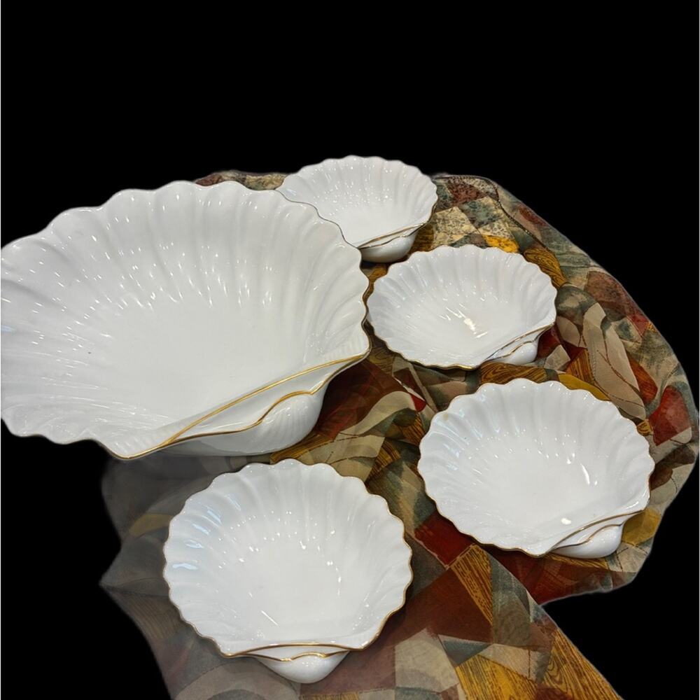 Antique White Scalloped Handpainted Fukagawa Arita Seashell 🐚 Bowl Set of 5